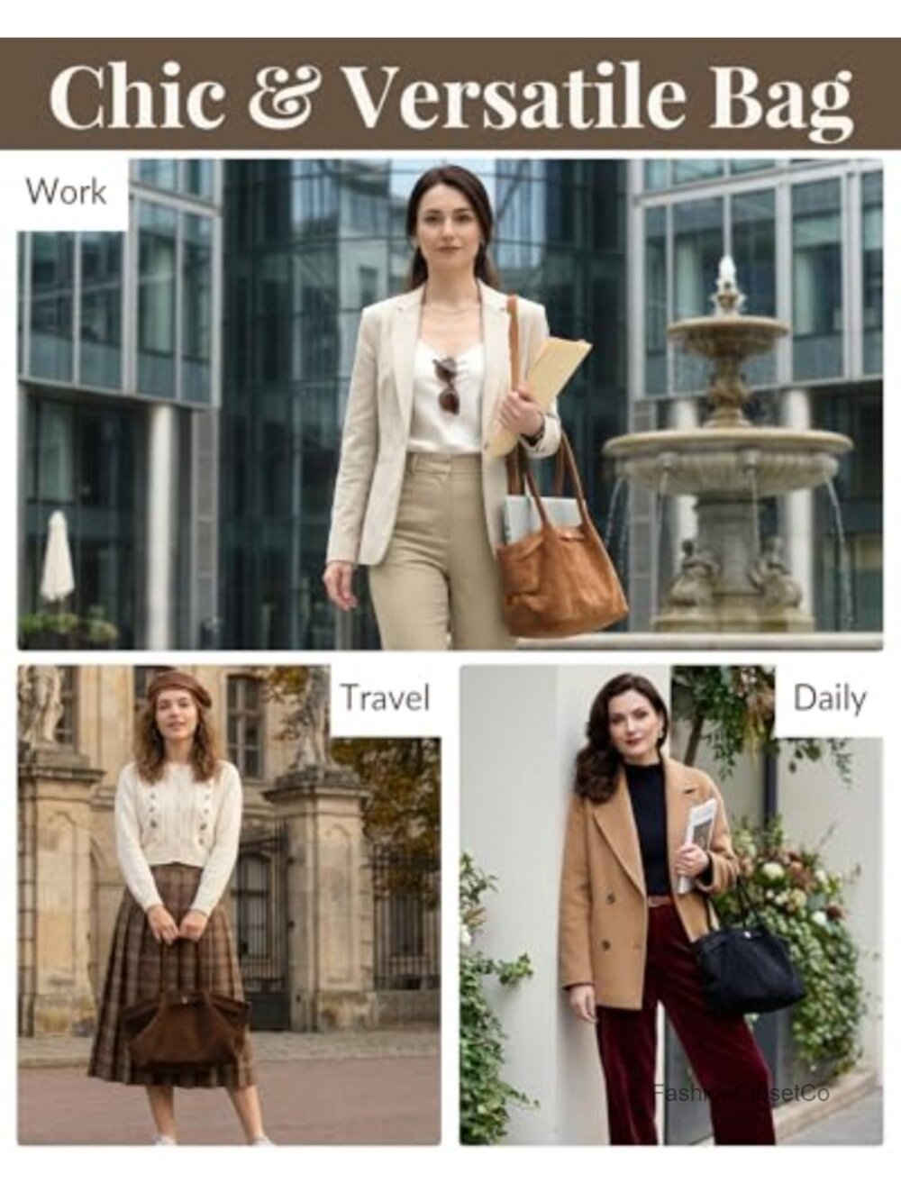 Faux Suede Tote Bag for Women - Shoulder Crossbody Handbag - Large Capacity - Picture 2 of 6